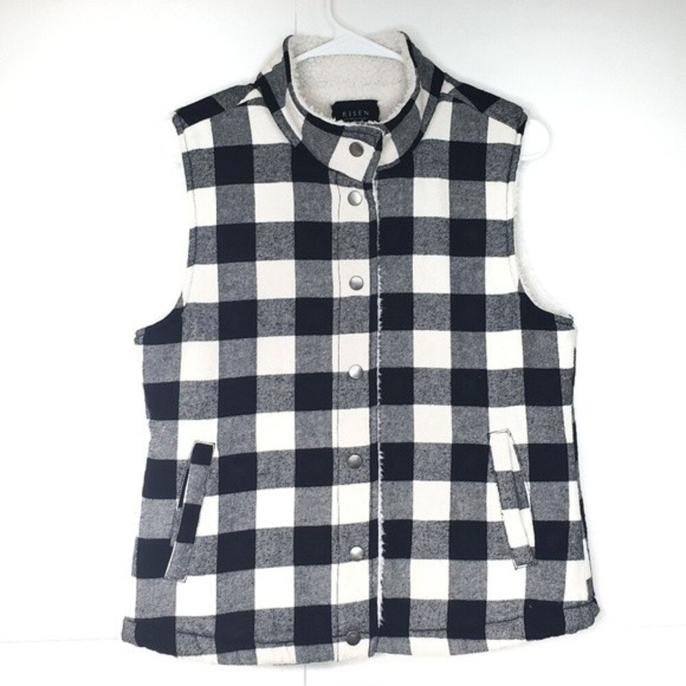 RISEN Buffalo Plaid Sherpa Lined Sweater Vest Size S Black White Snap Front